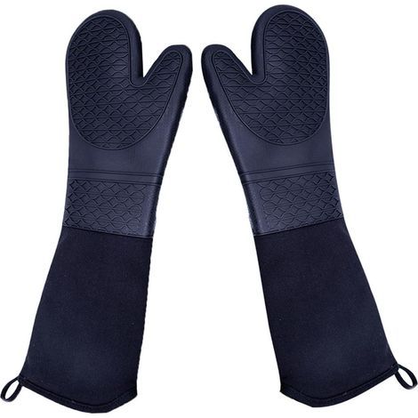Set of 2 extra-long, heat-resistant, commercial-grade silicone oven mitts with quilted cotton lining (1/4)