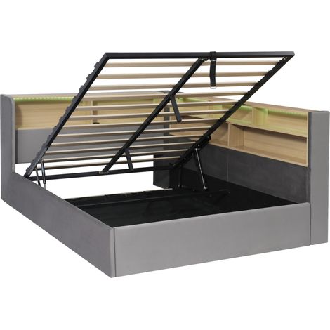Lit banquette 140x190 cm avec rangement hydraulique, velours gris, LED, USB et dossier, HOMVRA (1/5)