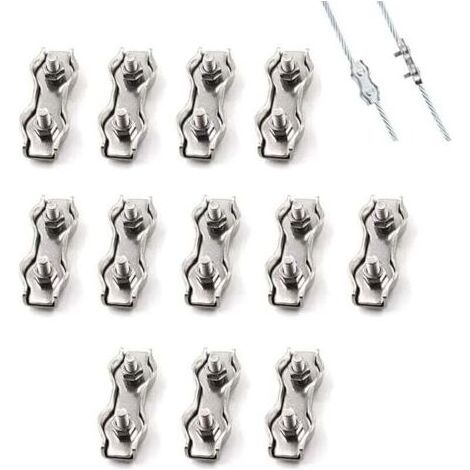 Lot de 12 serre-câbles doubles en acier M3, connecteur de serre-câble en acier inoxydable, pince de fixation de câble de frein, utilisé pour les câbles en acier de 2 mm (1/4)