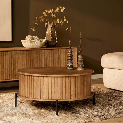 Table basse ronde en bois 2 tiroirs rainurés CORTINA (1/5)