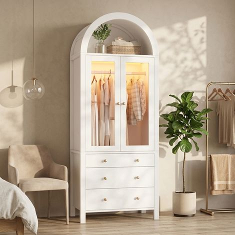 Armoire penderie 80 cm à sommet arrondi avec LED, 2 portes vitrées, 1 tringle, 3 tiroirs, compartiment à bijoux sous verre trempé, blanc (1/5)