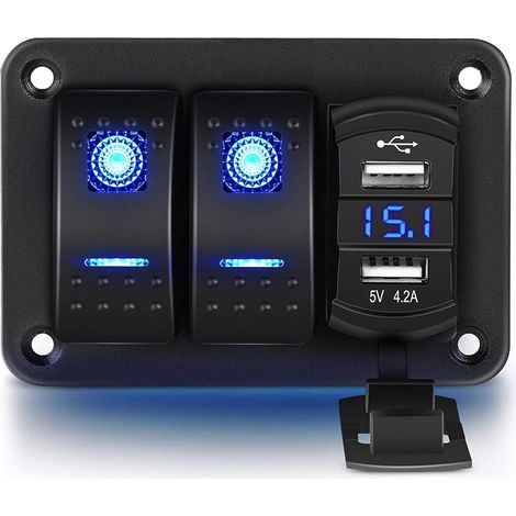 Panneau en aluminium à 2 interrupteurs à bascule avec voltmètre et double port USB (4.2A),charge rapide,rétroéclairage LED bleu,pré-câblé,étanche IP65,pour bateau,voiture et camion (bleu) (1/5)