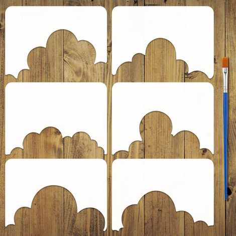 6 Pcs Pochoirs Nuages avec un Pinceau 29.7x21 cm Pochoirs Peinture Nuages Pochoir Motif Nuage Cartoon PET Gabarit Thèmes Fantastique pour Bois Carrelage Sol Mur Tissu Meuble DIY (1/5)