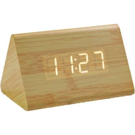 Creative Triangle LED White Light Wooden Digital Clock Temperature and Time -Bamboo Color (1/4)