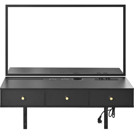 Tocador suspendido negro con espejo, 3 cajones, enchufe, soporte para tablet y vaso (1/5)