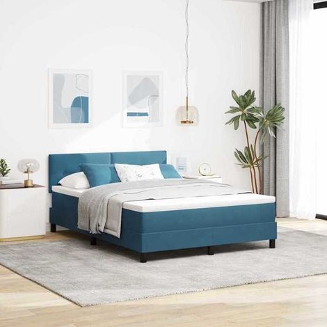 Lit à ressorts avec matelas - 3339174 - Velours bleu foncé - 140 x 190 cm - Matelas mousse (1/5)