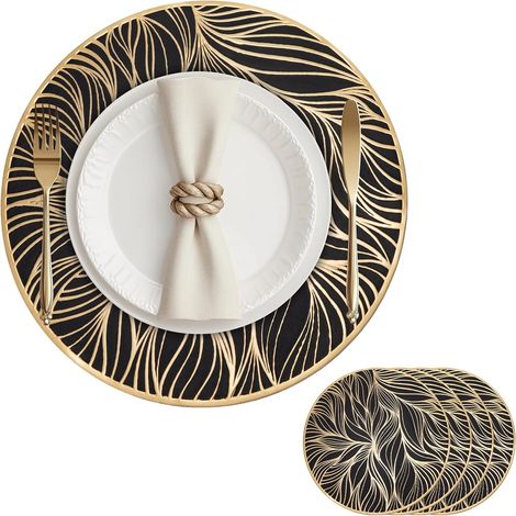 Lot de 4 sets de table ronds 38 cm motif feuilles noir et doré en PVC lavables antidérapants et résistants à la chaleur (1/5)