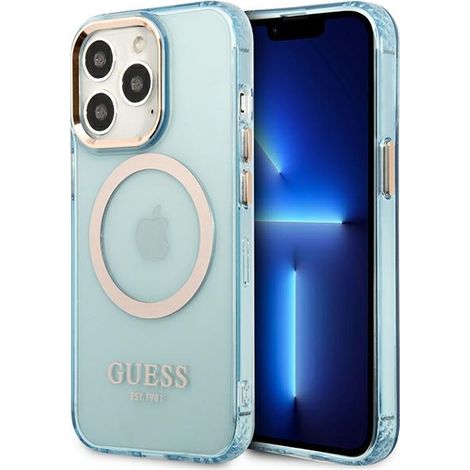 Funda rígida Guess GUHMP13LHTCMB para iPhone 13 Pro / 13 de 6,1 pulgadas, color azul/azul, con contorno dorado y MagSafe translúcido. (1/5)