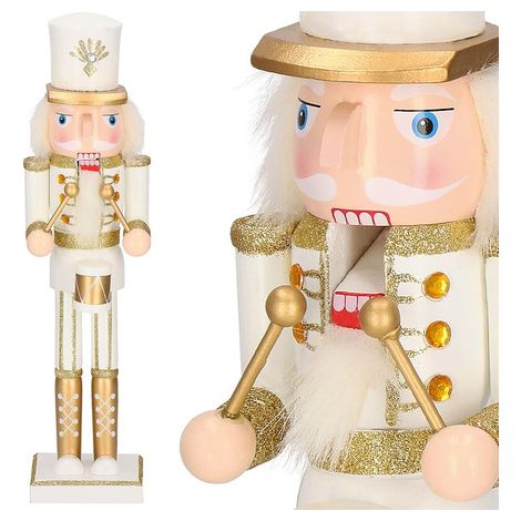 Nussknacker 38 cm mit Trommel, Weihnachtsdekoration, weiße Holzsoldatenfigur