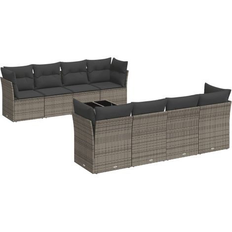 Salon de jardin 9 pcs avec coussins gris résine tressée (1/3)