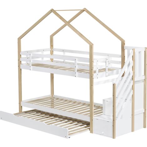 Lit enfant superposé cabane avec escalier tiroirs 90x200+90x190 (1/5)