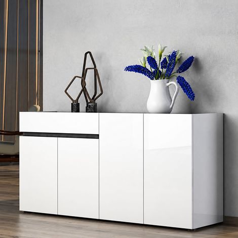 Cómoda Beinette, aparador con 2 estantes, 1 cajón Made in Italy, 4 puertas, 160x42x80h cm Blanco Brillante (1/4)