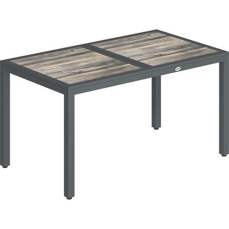 Table de jardin pour 4 à 6 personnes, table à manger extérieure avec plateau à effet bois, 140 x 80 x 72 cm, gris foncé