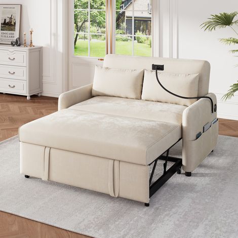 Divano 129x163 cm 2 Posti in Ciniglia Beige, Schienale Regolabile 108/135/180° e Porte USB (1/5)