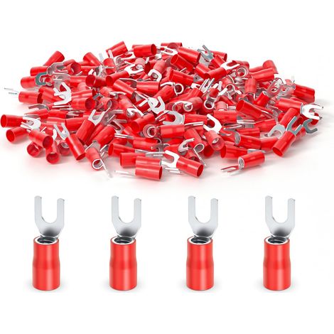 200Pièces 22-16 AWG connecteurs isolés de fil de bêche de fourche, Terminal de sertissage électrique de type u rouge (1/5)
