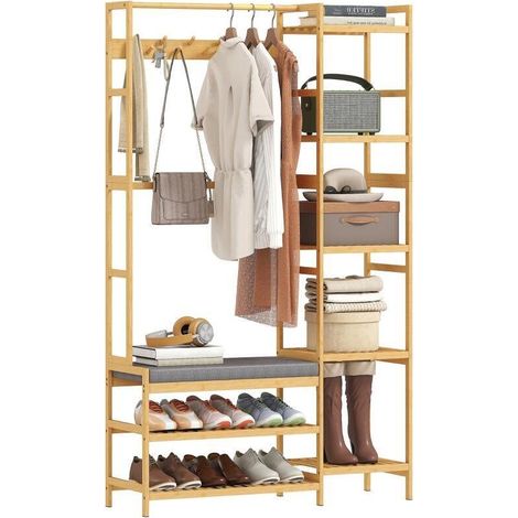 Porte-manteau avec étagère à chaussures, crochets et banc assis avec coussin, structure en bois naturel, idéal pour entrée et couloir