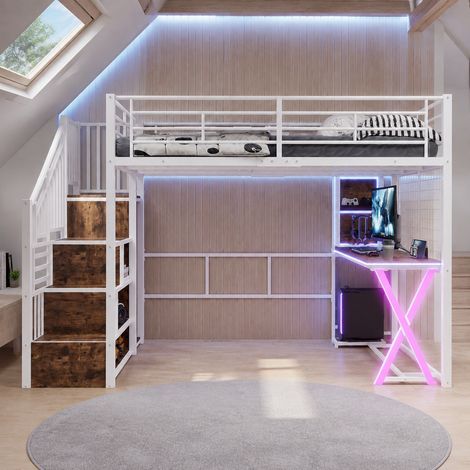 Letto a soppalco 252.5x144.5x169 cm con scrivania, armadio, scala contenitore, luce LED, metallo e MDF bianco (1/5)