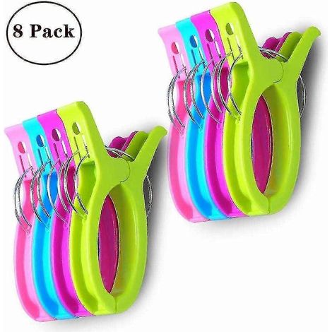 Lot de 8 pinces à serviettes de plage grand format pour chaises longues ou transats - Empêchent votre serviette de s'envoler, cordes à linge (1/5)