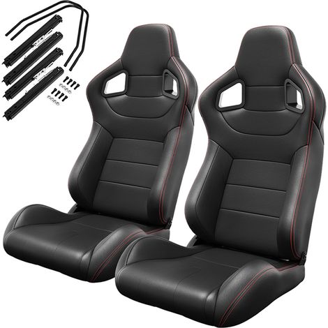 Lot de 2 sièges baquets de course en PVC noirs à coutures rouges avec glissières (1/3)