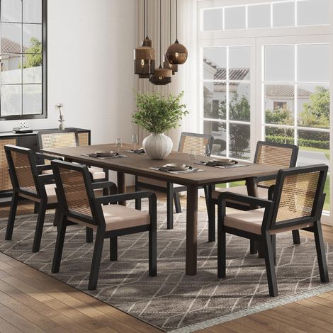 Ensemble de 6 chaises de salle à manger, de coiffeuse et ergonomiques en velours de haute qualité, avec dossier en rotin et pieds en hévéa. Revêtement en velours de qualité supérieure.