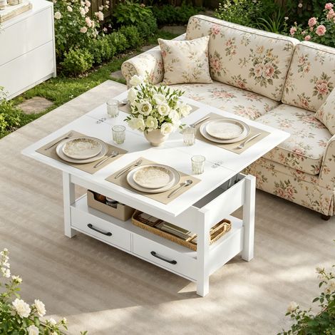 Couchtisch mit 2 Schubladen und Offenem Fach, Ausziehbarer Hubplatte, fur Wohnzimmer, Metall und Holzwerkstoff, Weiss (1/4)