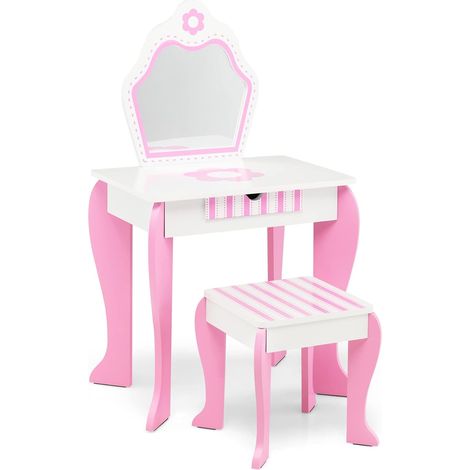 COSTWAY Set Toeletta per Bambini, Set di Tavolino da Trucco 2 in 1 per Bambini con Specchio e Cassetto, Scrivania con Piano Staccabile e Motivi Floreali, Bianco e Rosa (1/5)