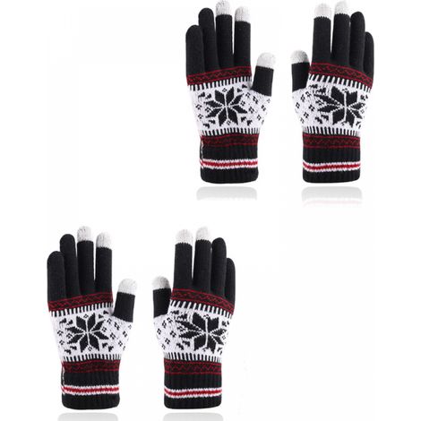 Weihnachtshandschuhe – Gestrickte, gefütterte Handschuhe – Touchscreen-kompatibel – Langes Fingerdesign – Dicke, elastische Winterhandschuhe – Schneeflockenmuster, Schwarz