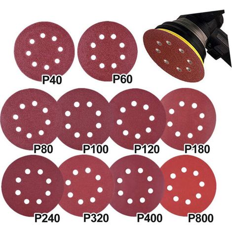 100 pièces papier abrasif ponceuse excentrique 125 mm Velcro, disques de ponçage 8 trous Velcro rond 125 mm pour ponceuse excentrique 20x 40/60/80/120/180 grain par