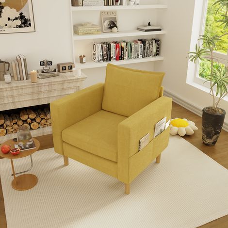 Fauteuil avec poche de rangement et coussin, en chenille jaune moutarde (1/5)