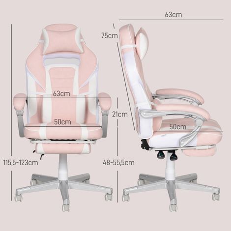 Chaise gaming ergonomique repose-pieds hauteur réglable dossier inclinable 63x63x123cm, rose (1/4)