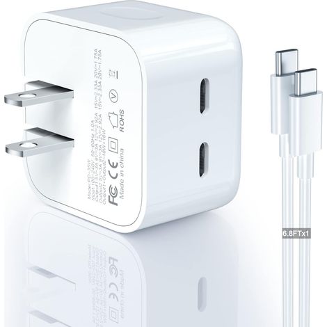 Adaptateur Secteur USB-C Double Port - 35 W - Charge Rapide PD 3.0 PPS - Compatible iPhone iPad MacBook Android - Prise Rabattable - Inclus Câble USB-C vers USB-C (1/5)