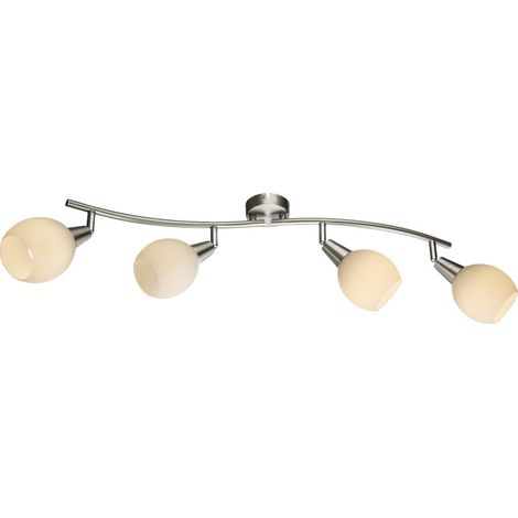 Barre de spots de plafond nickel mat, abat-jour en verre blanc mat, 4 ampoules E14