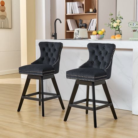 Tabourets de bar pivotants en velours avec capitonnage à boutons, pieds en bois et finition cloutée chromée, style loisirs, lot de 2 (Noir),DE1860BK (1/5)