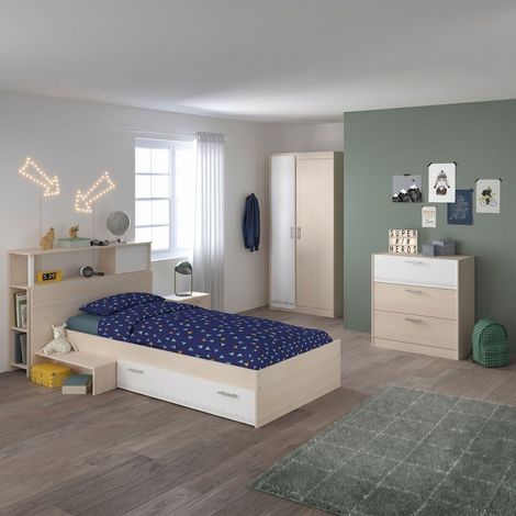 Chambre lit 90x190 avec environnement 1 armoire 2P et 1 commode - CHARLINE (1/5)