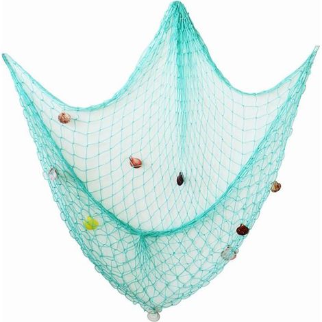 (200cm x 150cm) Filet de pêche décoré de coquillages, décoration murale, thème plage méditerranéenne, filet de pêche (turquoise). (1/5)