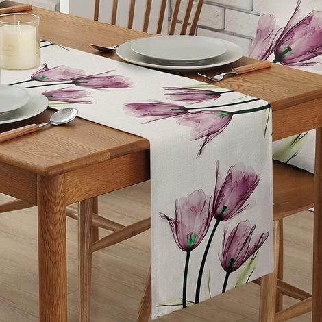 Blumiger Tischläufer (33 x 180 cm) — Leinenoptik, bestickt und mit Quasten — Schlicht & elegant, pflegeleicht geeignet für Esstische, Couchtische und die Esszimmerdekoration