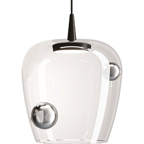 Zafferano Lampada a sospensione Bilia LED 8W 2700K Vetro Borosilicato Soffiato, finitura Nero e Argento, design a campana moderno, diametro 27 cm