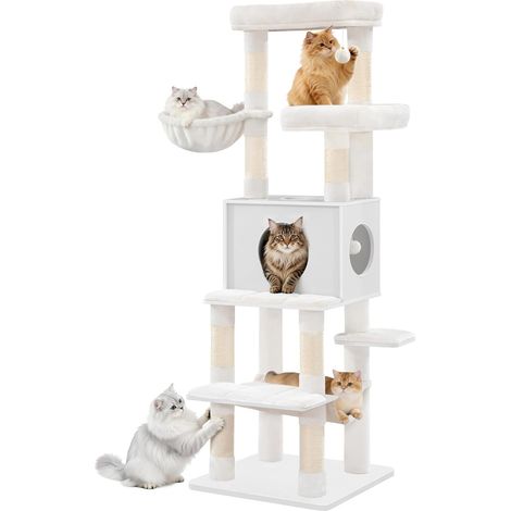 Grand Arbre à Chat 166 cm de Haut, avec 8 Poteaux à Griffer, Tapis Amovible et Lavable, 1 Niche, 2 Plateformes, 1 Panier pour Chat et des 2 Pompons, Blanc (1/5)