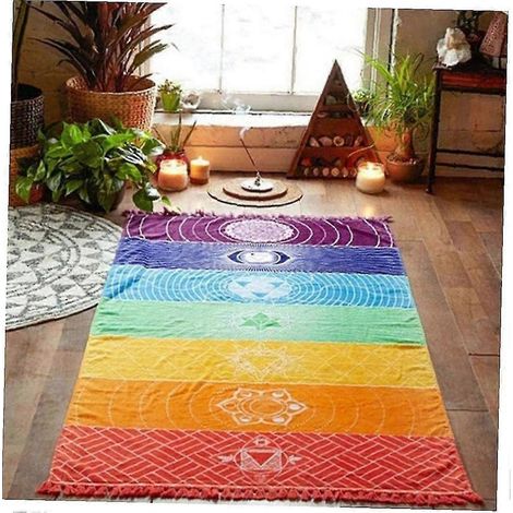 Tapisserie murale mandala arc-en-ciel tendance, style bohème, à rayures, serviette de plage ou de voyage, pompons colorés d'été (1/5)
