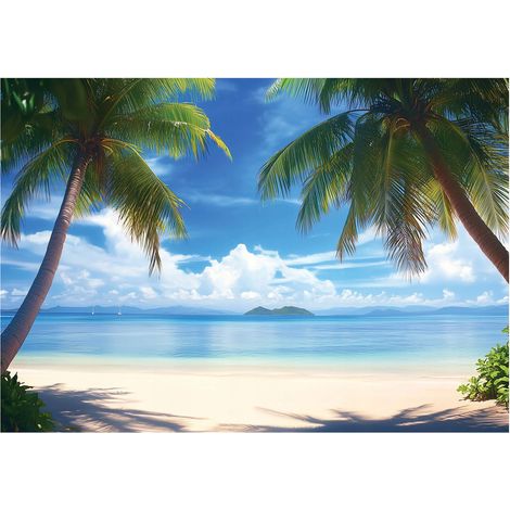 Papier peint mural plage palmiers mer paysage intissé grand format design intérieur salon chambre pas cher 150x105 cm (1/5)
