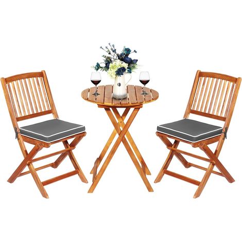 COSTWAY Set Tavolino e Sedie da Girdino Pieghevole, Set da Bistro 3 Pezzi in Legno di Acacia, con Cuscino, Set di Mobili da Esterno, Tavolino Portato 80kg, Sedie Portate 160kg (Cuscino Grigio) (1/5)