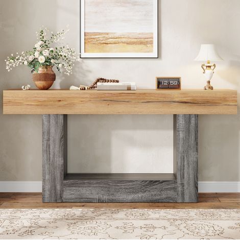 Zweifarbiger Konsolentisch in Holzoptik, 160 x 30 x 82,5 cm, mit unterer Ablage, Eiche Natur (1/5)