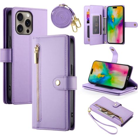 Custodia a libro per iPhone 16 Pro, con portafoglio e tasca con cerniera, colore viola. (1/5)