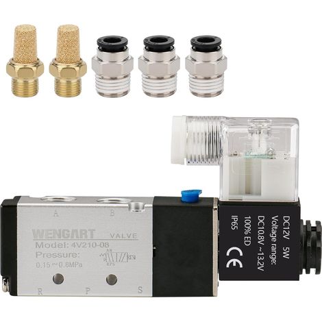 Électrovanne Pneumatique 12V DC 5/2 Voies 1/4" pour Mécaniciens et Bricoleurs, Facilite l'Entretien des Suspensions et Vérins sur Véhicules, avec Connecteur DIN IP65 et Kit Raccords 6mm (1/5)