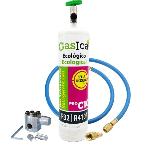 GASICA C10 PRO 400g  Sustituto R410A R32  Kit con Válvula, Manguera, Adaptador y Válvula Pincho  Gas Ecológico Profesional