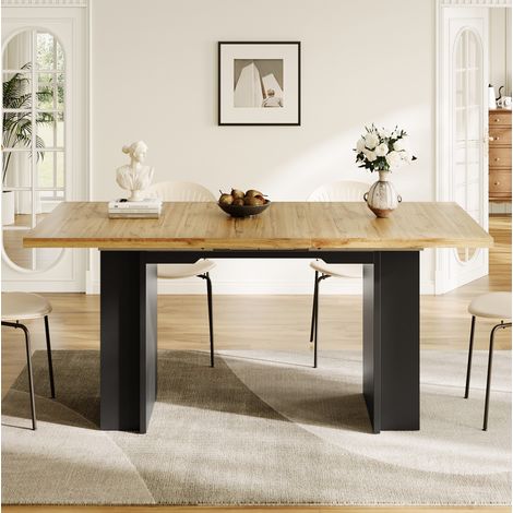 Table extensible MDF color madera natural 120-160x80x75 cm con estantes y espacio de almacenaje (1/5)