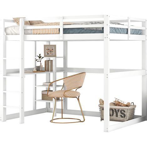Lit mezzanine 140 x 200 avec bureau et 4 niches de rangement en pin, blanc antique, pour chambre d'enfant ou ado, structure stable et gain de place - CHICFURN (1/5)