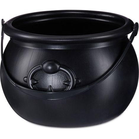 2x Witch Cauldron, Sweets Bucket, Halloween Costume Accessory, Decoration, Plastic, H x D: 13 x 19 cm, Black (1/5)