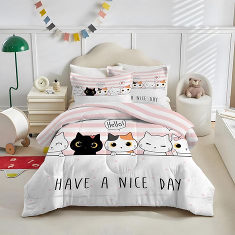 Couette 140x200 Enfant Imprimée Chat Dessin Animé, Couette 1 Personne pour Lit 90x190 cm, Chaude Anti-acariens, Microfibre Douce et Confortable, Lavable en Machine (Blanc Rose) (1/5)