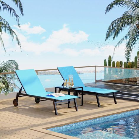 GARVEE - Bain de soleil 3Pcs, Ensemble transat jardin, 2 chaises longues réglables + table, structure métal( bleu) (1/5)